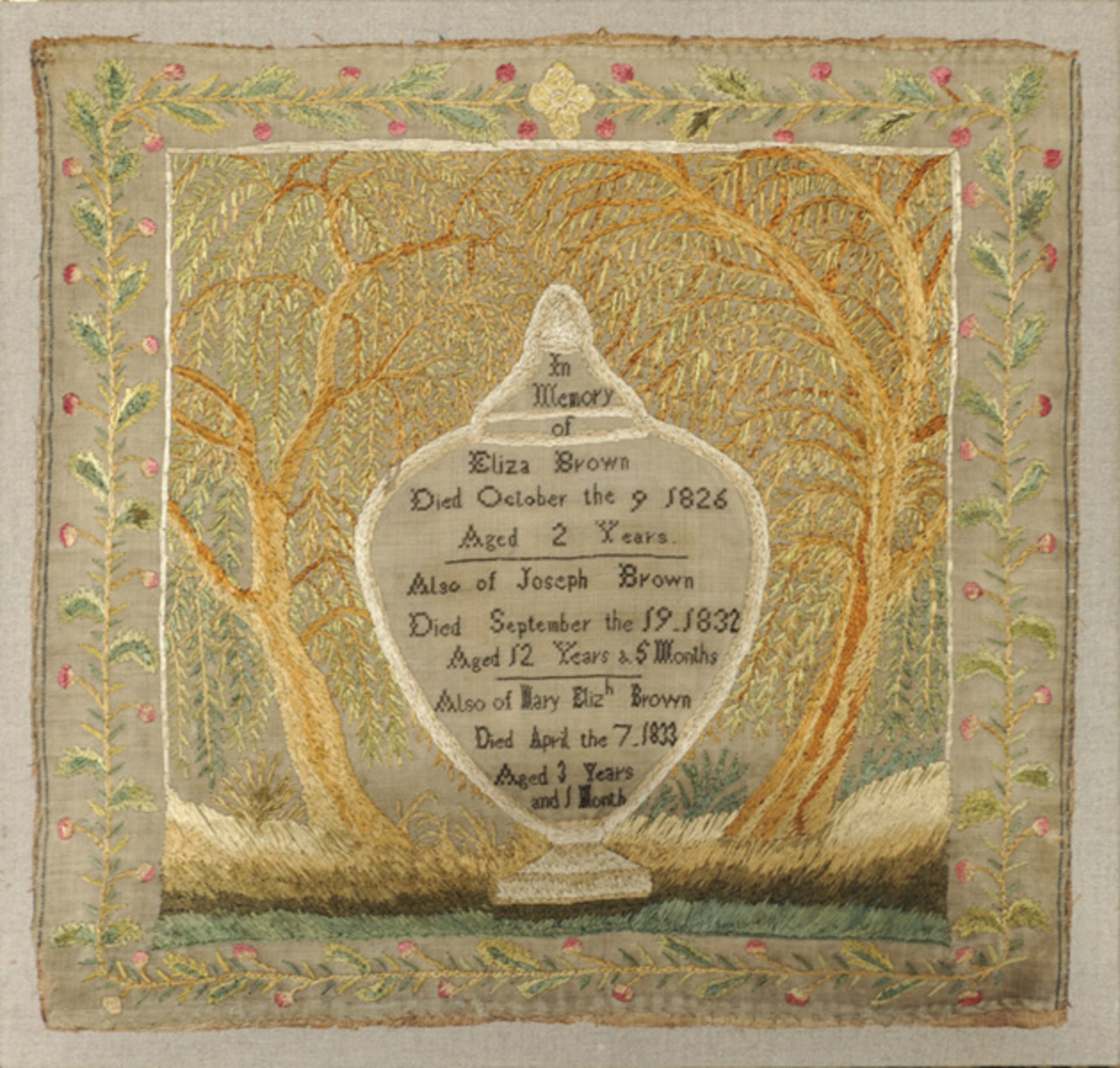 Brown Family Memorial Sampler. Circa 1835.