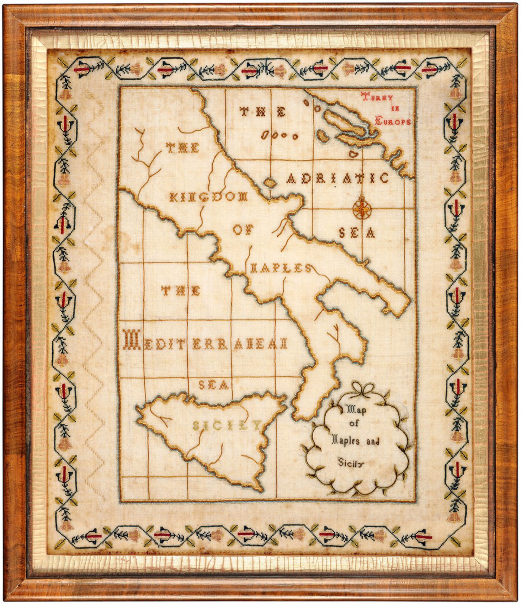 Map Sampler of Naples and Sicily. Circa 1830.